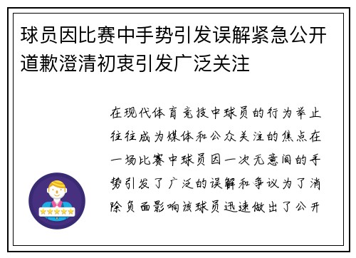 球员因比赛中手势引发误解紧急公开道歉澄清初衷引发广泛关注