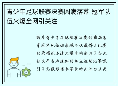 青少年足球联赛决赛圆满落幕 冠军队伍火爆全网引关注 青少年足球联赛决赛圆满落幕 冠军队伍火爆全网引关注