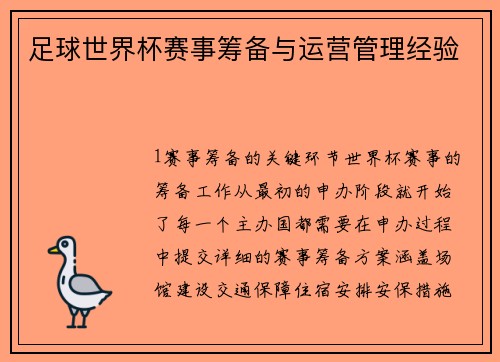 足球世界杯赛事筹备与运营管理经验