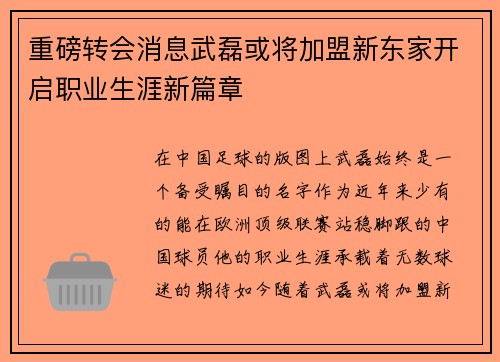 重磅转会消息武磊或将加盟新东家开启职业生涯新篇章 重磅转会消息武磊或将加盟新东家开启职业生涯新篇章